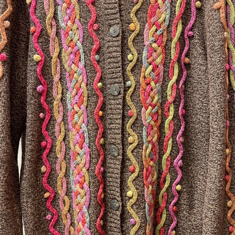 Vintage Talbots Womens L Cardigan Bright Striped Textured USA Made Floral Button - Picture 5 of 14